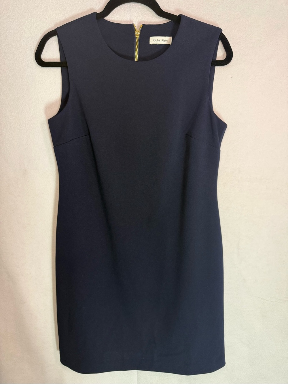 Calvin Klein Dress Navy Blue Size 8 Sleeveless Crew Neck Gold Zipper